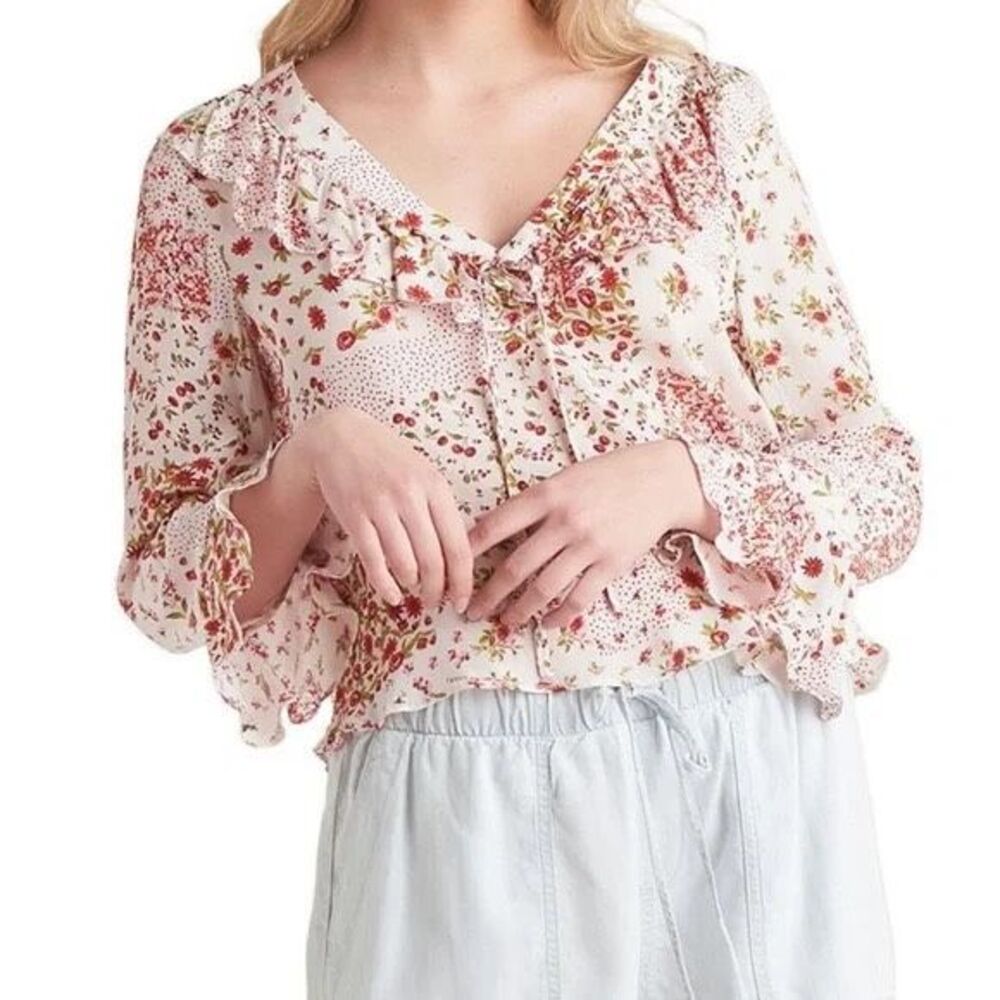 Zara Blouse White & Pink/Red Floral Patchwork Flutter sleeve Size L Romantic